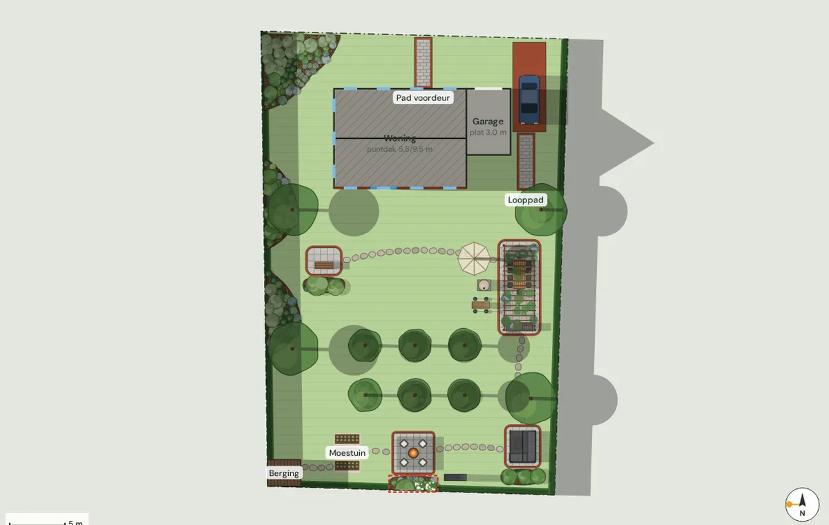 Plattegrond van een tuinontwerp met terrassen, paden, plantvakken en de schaduw van de woning